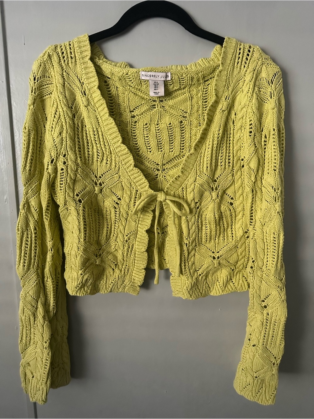 Sincerly Jules Lime-Chartreuse Tie-Front Open-Knit Cardigan